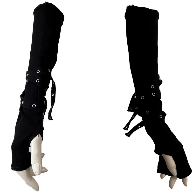 Guantes de pulsera para mujer, sin dedos, con remaches, estilo punk, hip hop, para fiesta, unisex, góticos, sin dedos, con ojales, cinta, hasta el codo, Harajuku