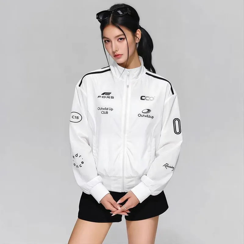 Summer Stand Up Thin Sun Protection Jacket Women Y2K Vintage Letter Print Zipper Tops American Streetwear Slim Motorcycle Coats