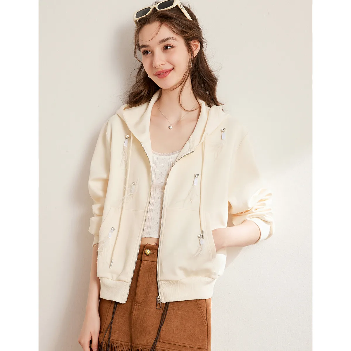 LOUISYAO Feather Adorned Hooded Coat Women 2025 Spring Autumn Casual Zipper Drop Sleeves Cardigan Hoodies Outerwear New In