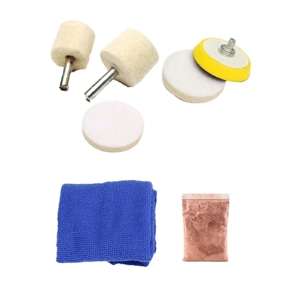 Kit de polvo para pulir vidrio, 8 Uds., 50g, óxido de cerio, eliminador de arañazos para parabrisas de coche, rueda de pulido de fieltro de lana, Kit de pulido de vidrio