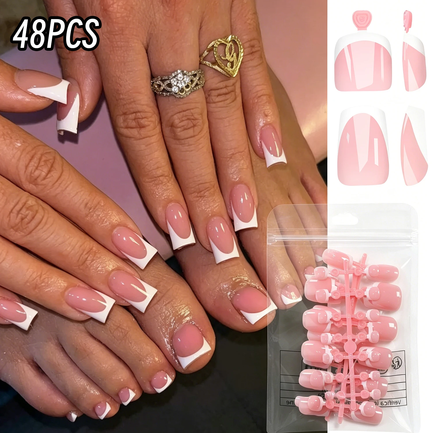 48Pcs White French Tips Press On Toenails+Fingertips Short Sqaure Fake Hand&Foot Nails Glossy Pink Wearable False Toe Hands Nail