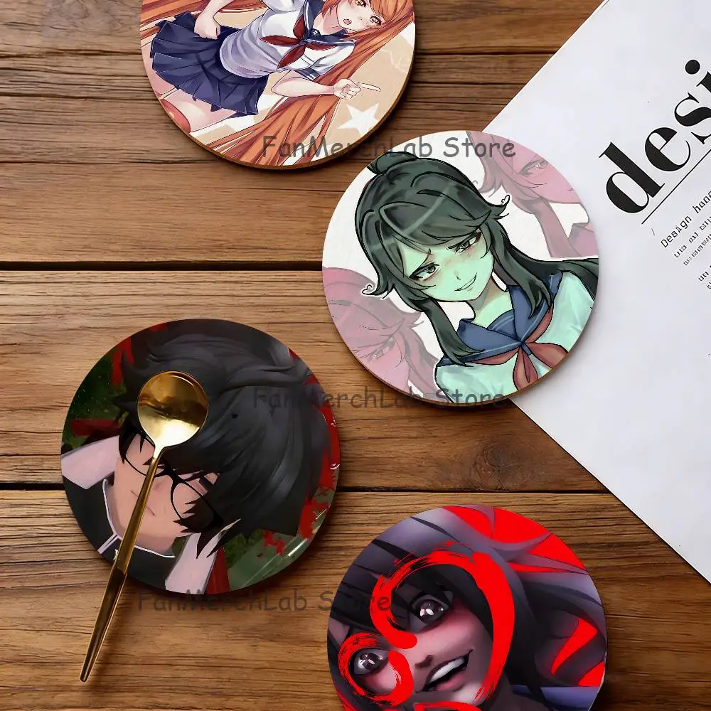 Game Y-Yandere S-Simulator Wood Coaster Set - Heat Resistant For Tea & Coffee, Home Cafe Decor Holiday Gift