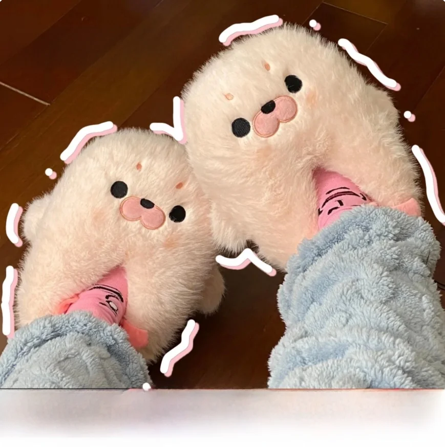 

Seal Design Home Slippers Women's High Value Cute Doll oe Winter Outdoor Warm Furry Slipper Cotton Home Indoor Slippers