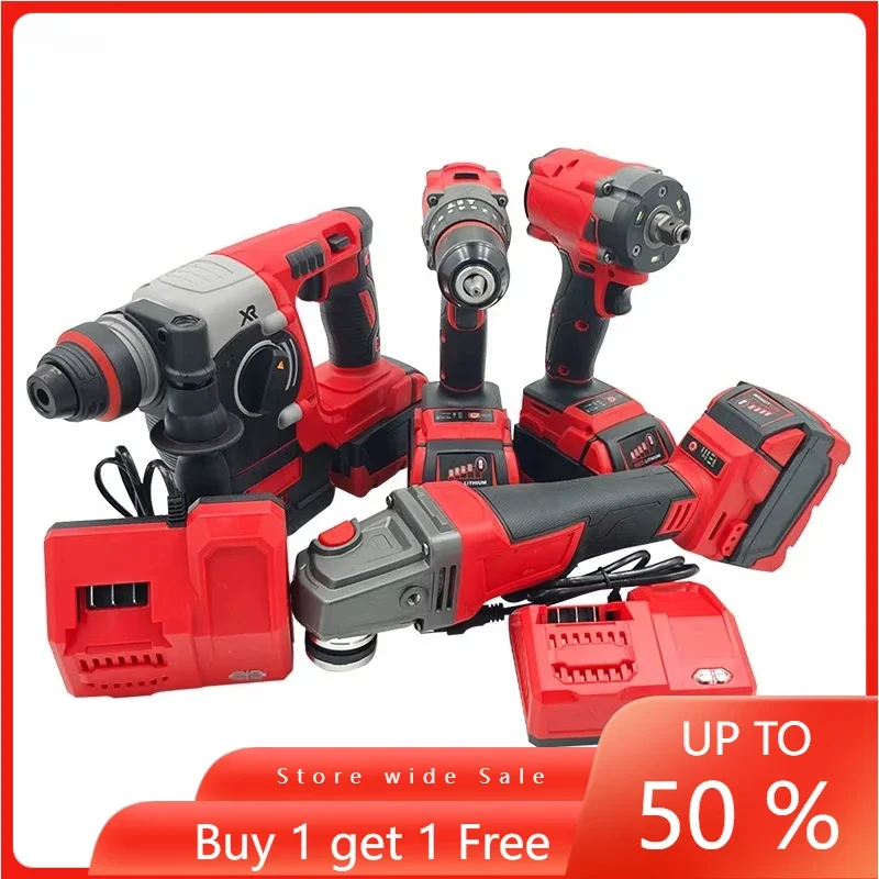 

TZFOR02R Brushless Replica Milwaukee Red Cordless 4 in 1 Jobsite Tool Set Power Wrench Drill Angle Grinder Hammer Machine 20V