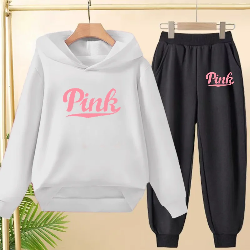 

New Fashionable Trendy Autumn WinterHoodie Charming Pink Letter Print Cool 2-Piece Top + Long Pants Boy And Girls Aged 3 To 14