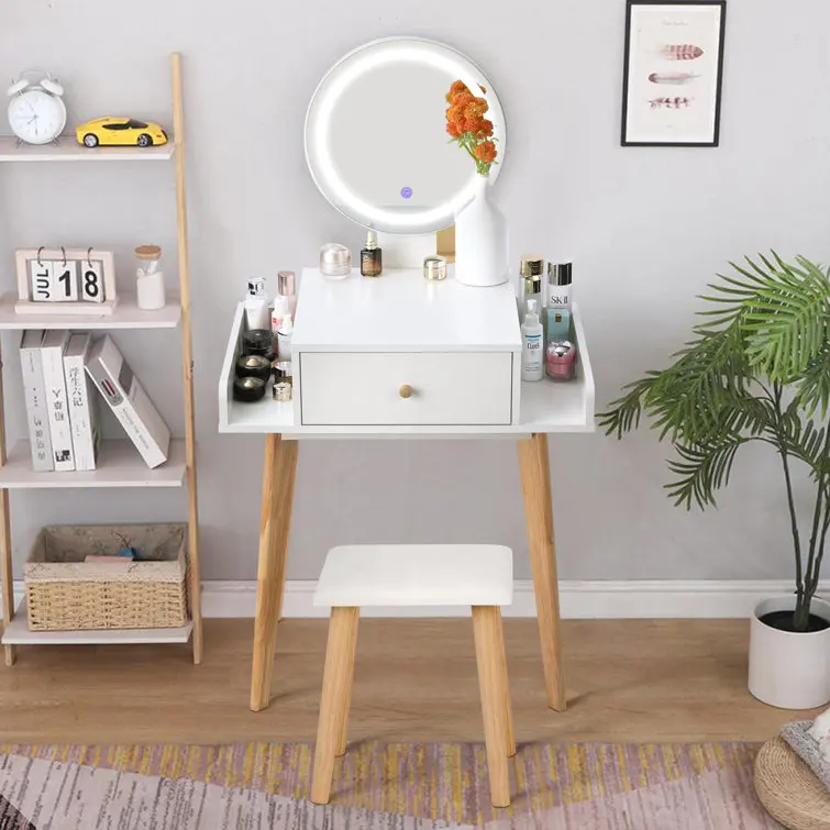 Comò intelligente da 28 pollici di larghezza con sgabello e specchio Comò elegante, moderno e semplice