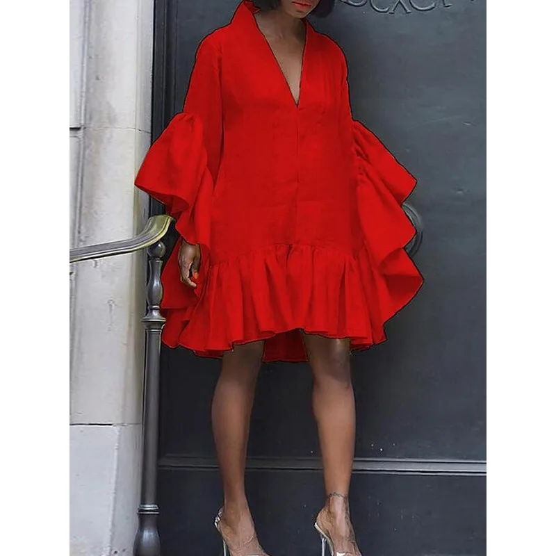 Tilaa 3 ألوان مضيئة كم فساتين عيد ميلاد صغيرة للنساء 2025 فضفاض ألف خط الخامس الرقبة الكشكشة فستان قصير للحفلات الإناث 184950