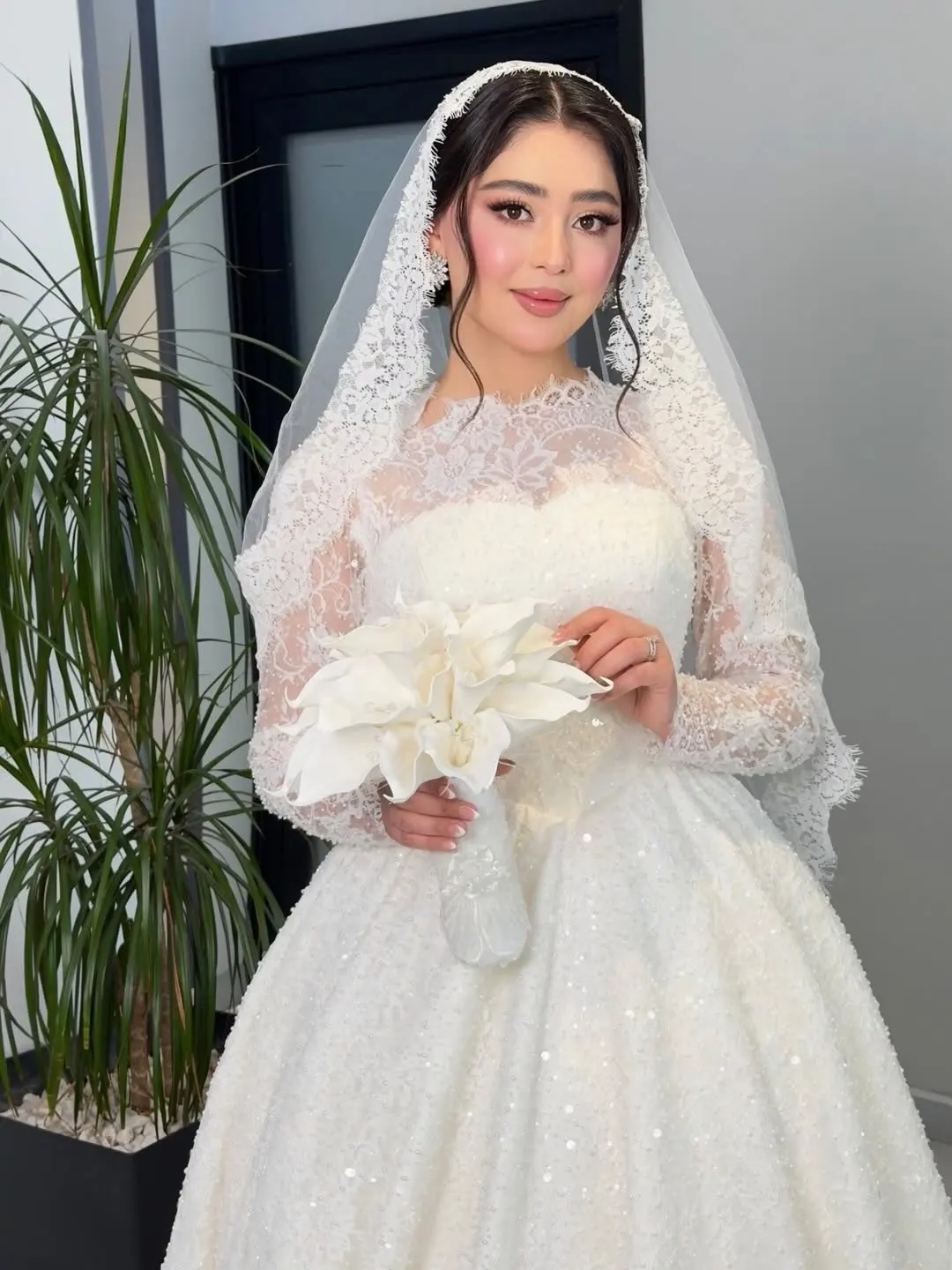 Customized High Collar Long Sleeve Lace Ball Dress A-line Square Collar Shining Bride Dress Church Train Luxury Wedding Dress