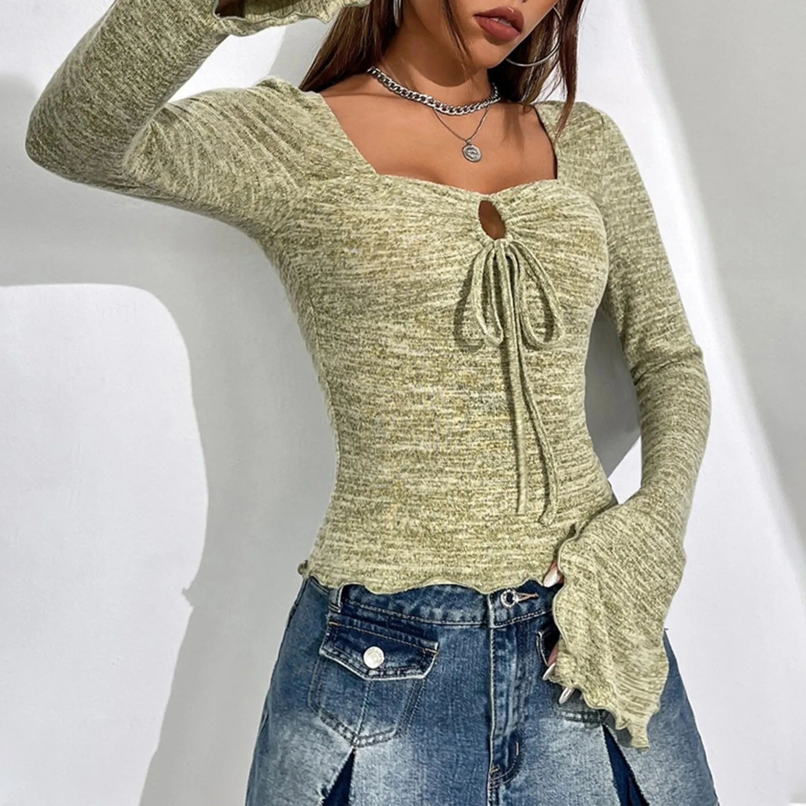 Korean Style Sweetheart Neck Trumpet Sleeve Hollow Slim Flare Sleeve T-shirt Sexy Fashion Green Knit Streetwear Square Neck Top