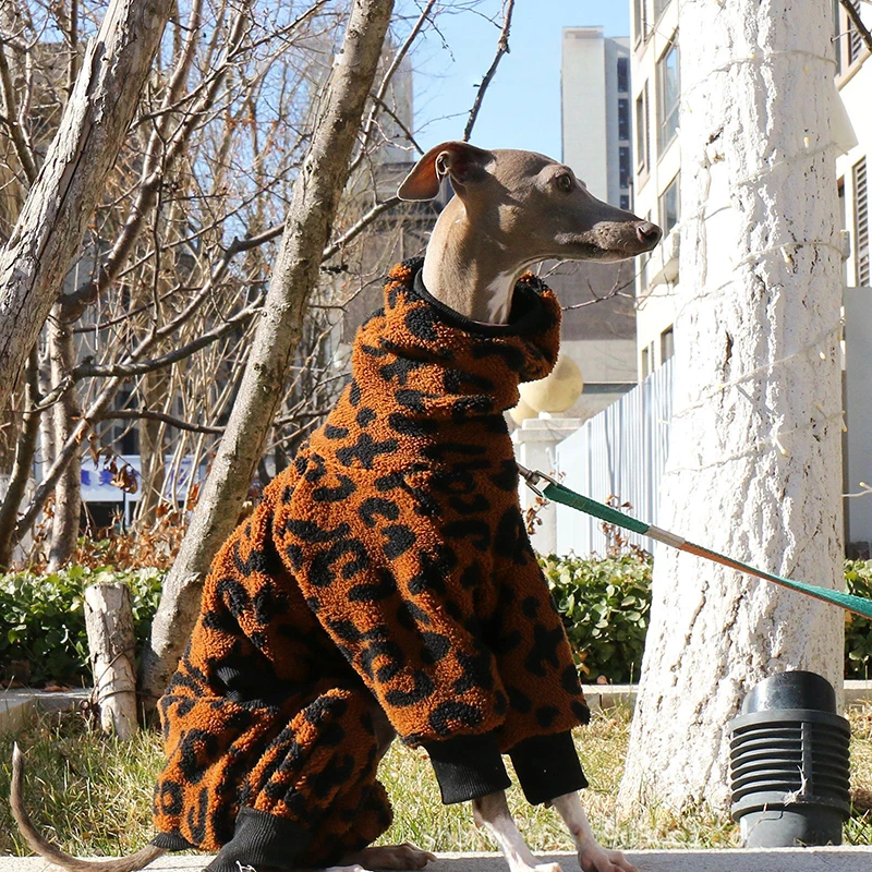 S-4XL Leopard Print Plush Pet Dog Clothes Winter Whippet Italian Greyhound High Neck Warm Jumpsuit Dog Jacket Coat Sweater