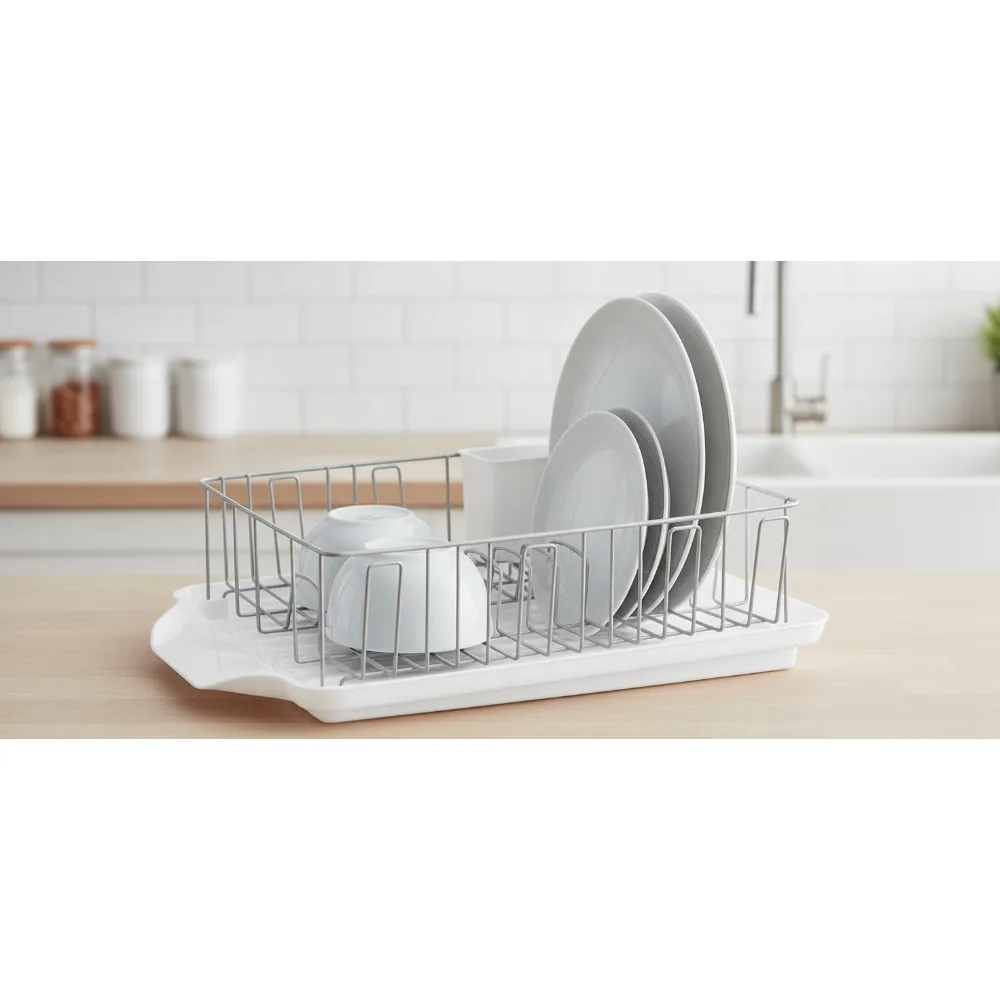 

Большая подставка для посуды со съемной крышкой для посуды, устойчивая к ржавчине конструкция, угловая сливная доска для эффективной сушки — белая