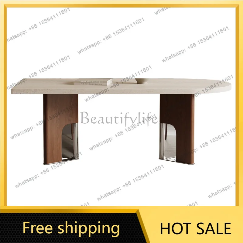 Factory Direct Sales French Medieval Semicircular Dining Table Retro Matte Travertine Slate Dining Table