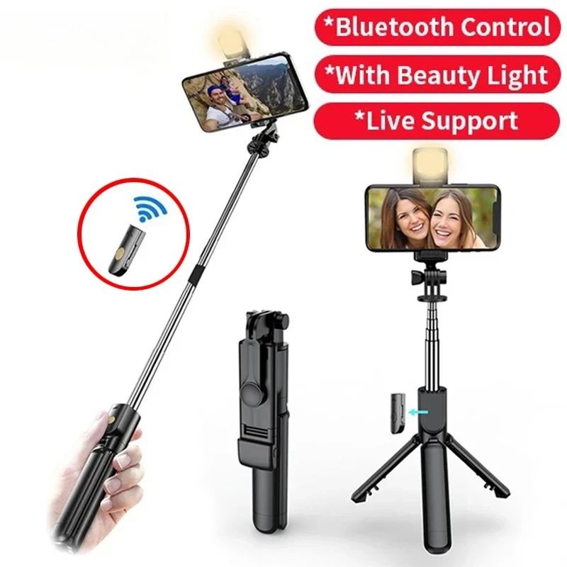 Tripé sem fio para selfie com bluetooth, com luz e controle remoto bluetooth, suporte portátil extensível para transmissão ao vivo