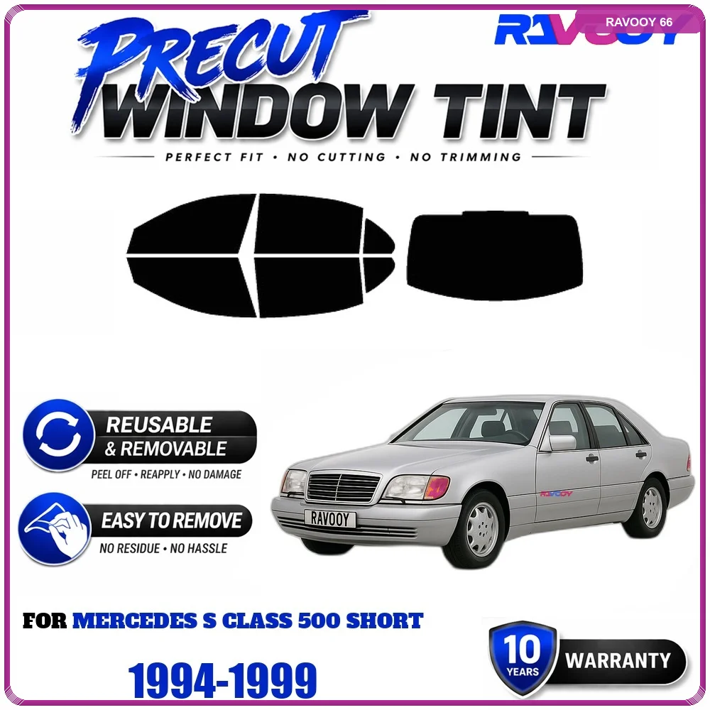 RAVOOY Precut Window Tint, Reusable Removable EPU Film, Custom Fit for Mercedes S Class 500 Short 1994-1999, UV Heat Protection