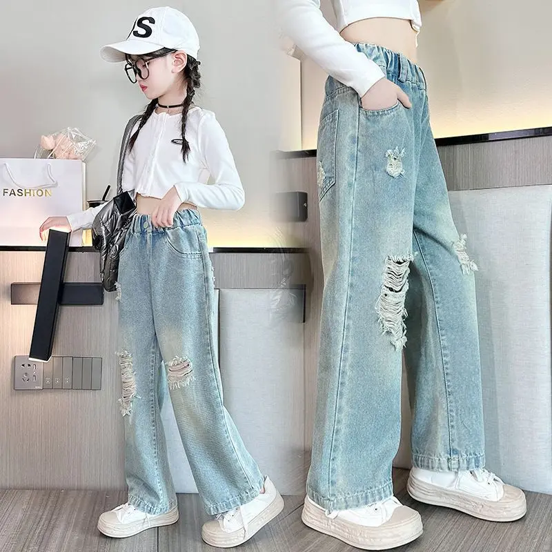 Vintage Ripped Jeans for Girls Fashion High Waist 2024 Spring Autumn Broken Hole Wide Leg Pants Kids Teen Denim Trousers 5-14Yrs