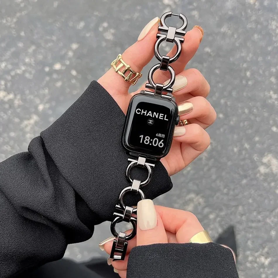 Metal Chain Strap for Apple Watch Series 9 8 7 6 SE 5 3 45/44/42/41mm Fashion Round Loop Bracelet IWatch Ultra 2 49mm 40mm 38mm