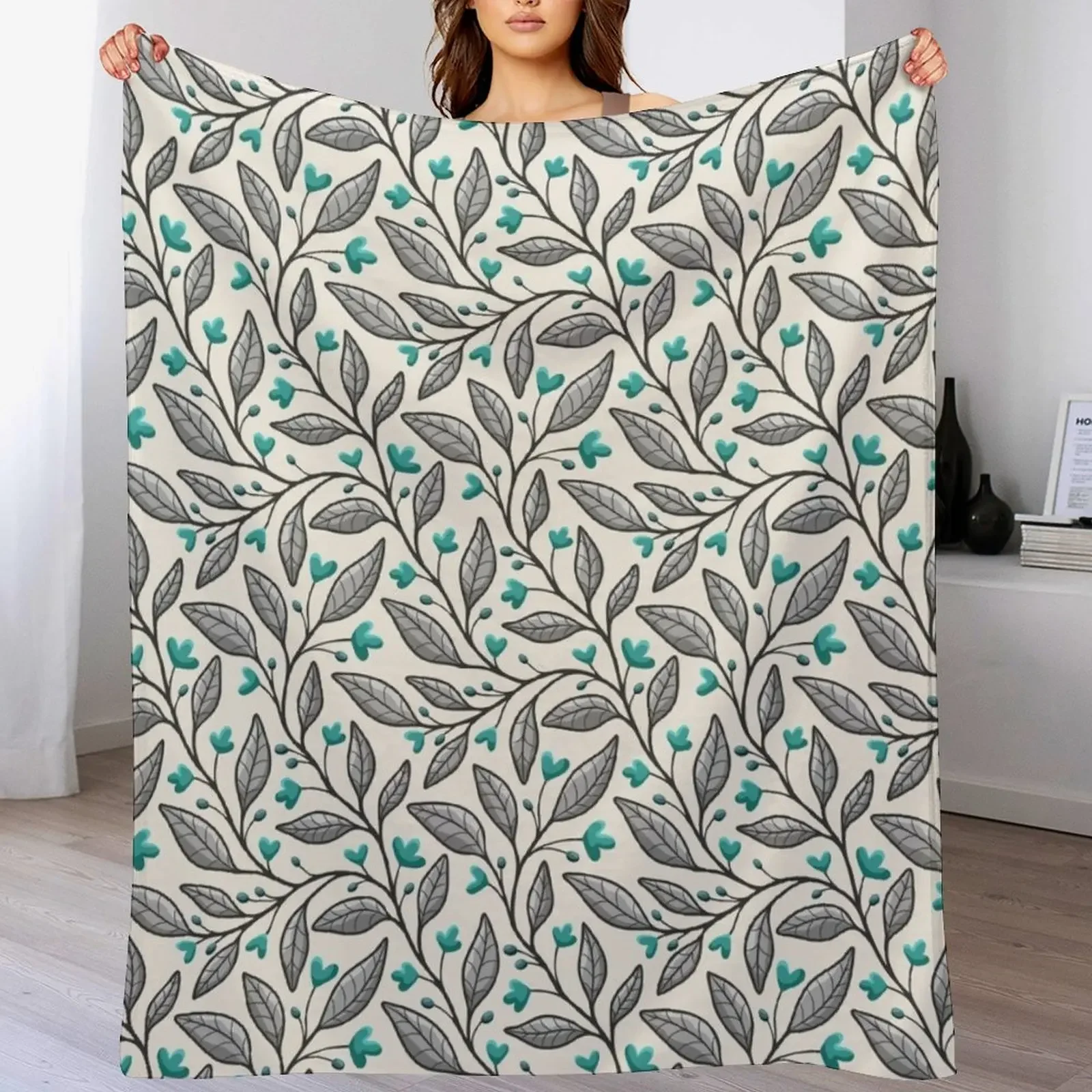 

Floral vines pattern in teal, grey and blue on light background Throw Blanket Fashion Sofas Luxury St Blankets