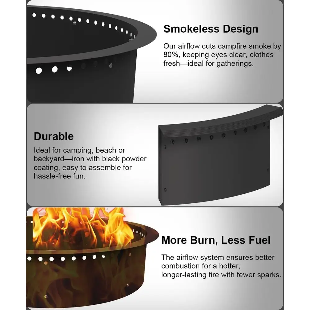 حلقة حفرة نار خارجية شديدة التحمل مقاس 28 بوصة، بطانة معدنية مستديرة من الفولاذ DIY لحرق الخشب، باللون الأسود