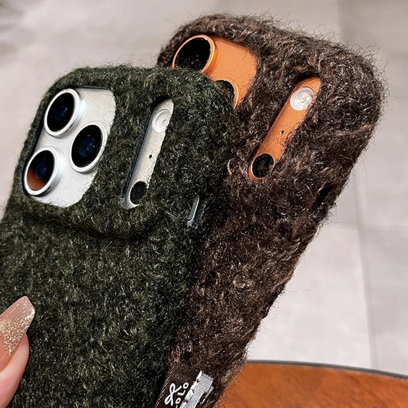 Winter Warm Cute Sweet Plush Knit Phone Case For iPhone 17 16 15 14 13 Pro Max Label Retro Art Flannel Lovely Girls Cover Gift - náhled 2