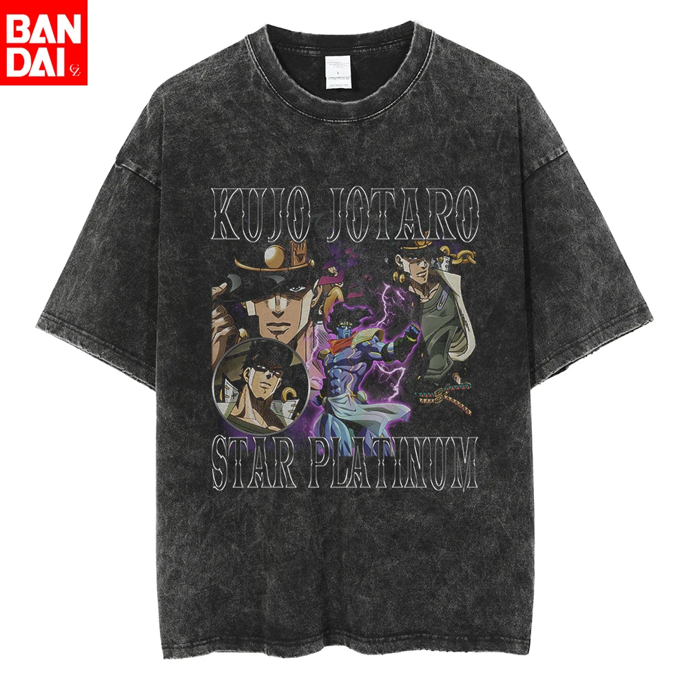 Vintage Washed JOJO's Bizarre Adventure T-Shirt Herren Japanischer Anime Gyro Zeppeli Grafik-T-Shirts Streetwear Übergroßes Baumwoll-T-Shirt
