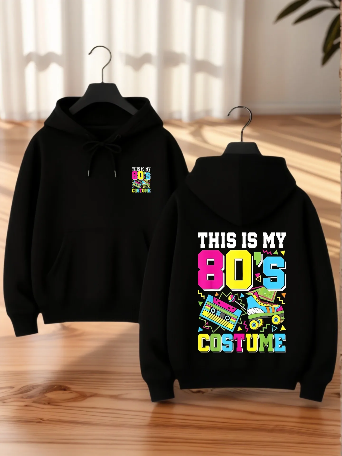 

Graphic Hoodie, 80's Custom Vintage Graphic Print, Casual Streetwear, Fleece Lined, Casual Everyday Wear, For Teens