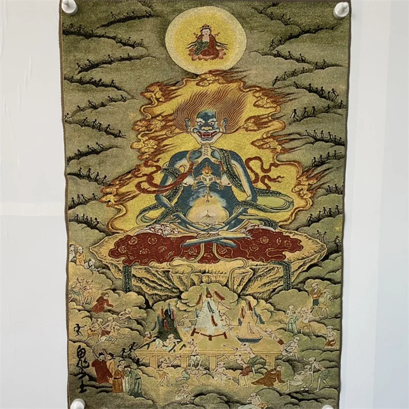 Chinese Antique Silk Brocade Tangka Painting - Embroidery Wall Art Ghost King Statue Buddhist Style Home Decor