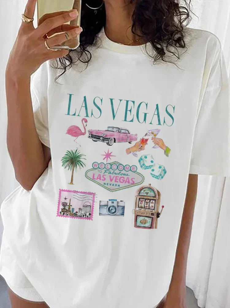 Camiseta de talla grande con cuello redondo, estilo informal, estampado de Las Vegas, manga corta, estampado divertido y versátil, nueva camiseta de verano.