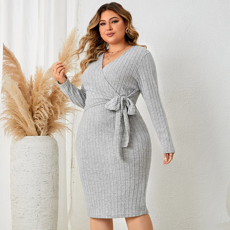 Plus Size Womens Clothing Sexy Deep V Belted Wrap Dress Long Sleeve Autumn & Winter Warm Midi Sweater Dress Elastic Female Dress