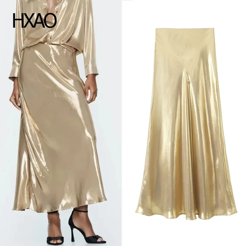 

HXAO Gold Satin Skirts for Women Ruffle Midi Skirt Fashion Metallic Dress Elastic Waist Skirt Elegant Office Ladies Sets