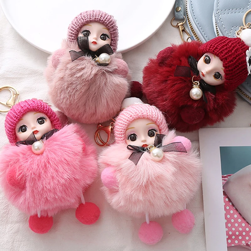 Cute Plush Keychain Imitation Rex Rabbit Fur Ball Keyring Big Eye Doll Pendant Fashion Car Bag Charm