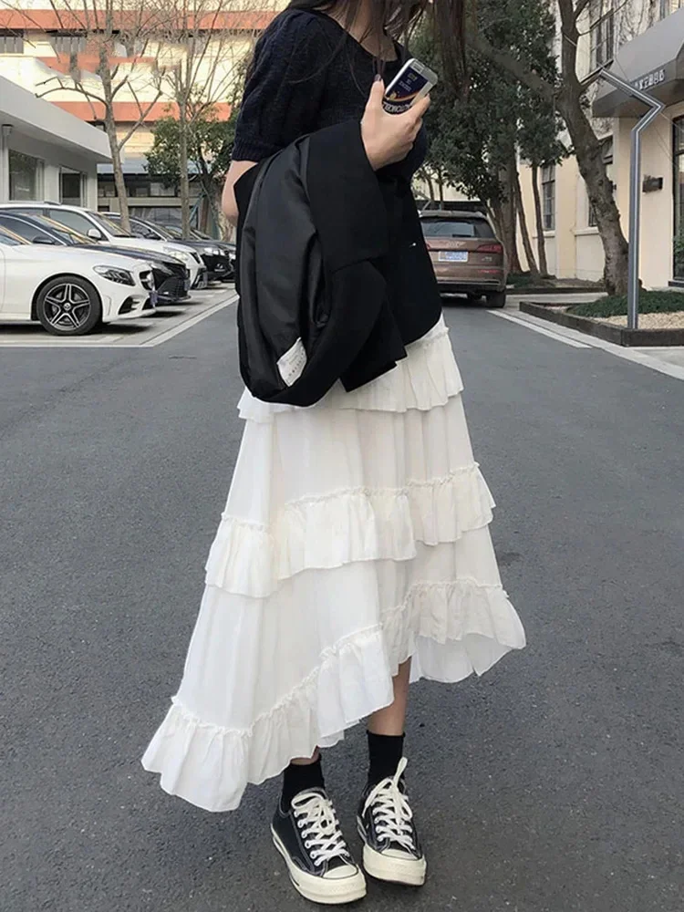 Summer Korean Women's High Waist Asymmetric Solid Color Pleated Versatile Spliced Half Skirt New Sweet Fashion Casual Skirt