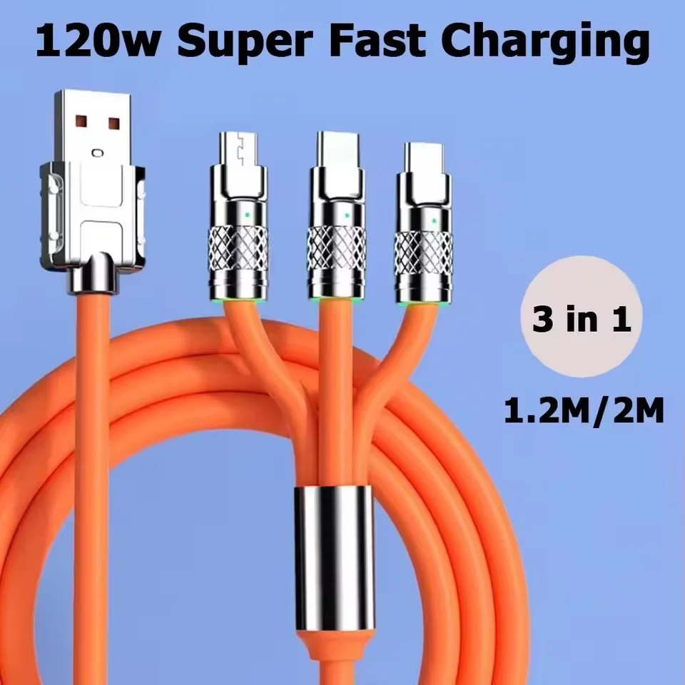 

3 in 1 Cable 120W 6A Fast Charging Cable USB A To Type C Micro USB Wire For iPhone Samsung Huawei Xiaom USB Cable Charger Cord