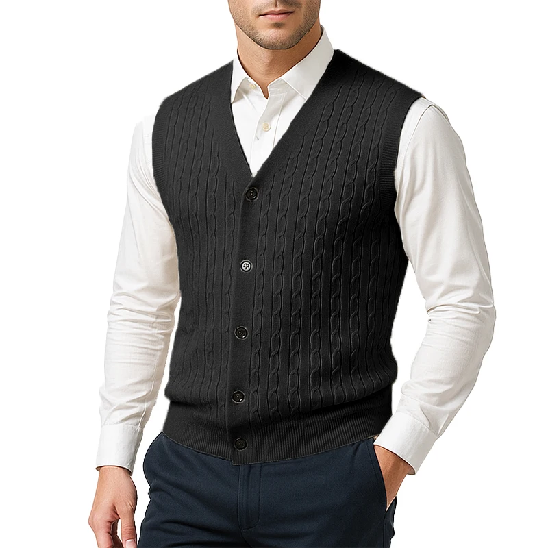 Autumn Men's V Neck Knit Sweater Vest Button Down Sleeveless Cable Cardigan Vest Outdoor Business Lightweight Cardigan Coats