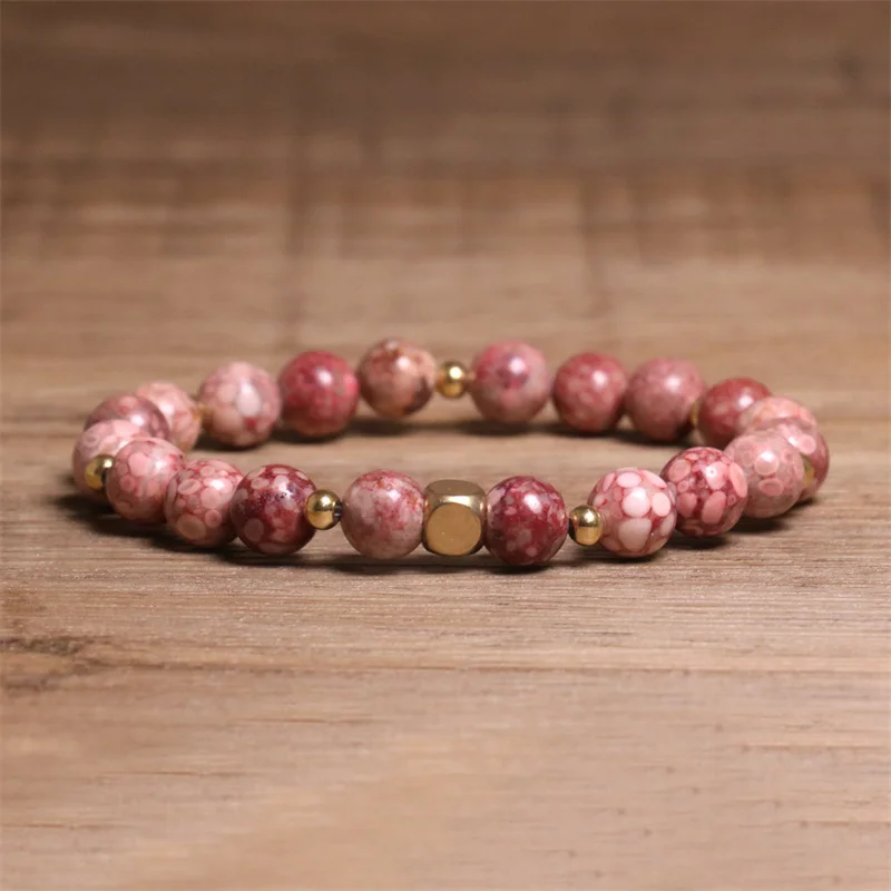 Klassisches natürliches Chrysanthemen-Stein-Armband für Unisex, Halbedelstein, elastisches Armband, Heilung, Meditation, Schmuck, Geschenk