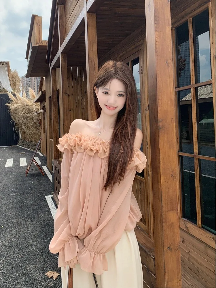 

Sweet Soft Chiffon One Shoulder Long Sleeve Women's Shirt Spring 2026 New Loose Slimming Flared Versatile Top