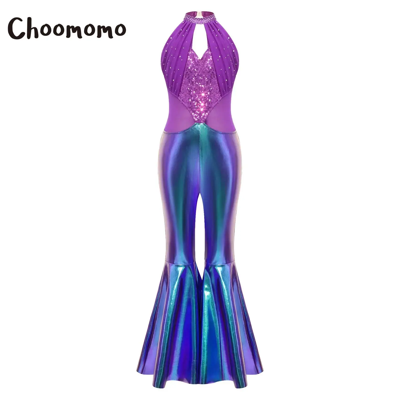 

Детский блестящий комбинезон для девочек в стиле диско 70-х, джазовый танцевальный костюм, без рукавов, с завязками на шее, в стиле хиппи, с расклешенными штанинами, металлическими пайетками, для Хэллоуина