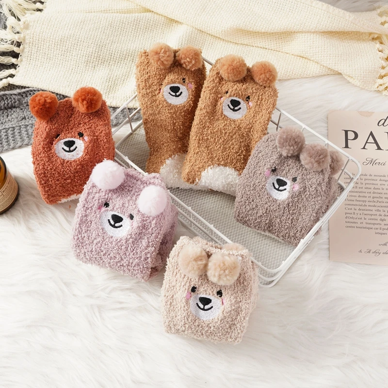 ALLTOOALL Women Socks Winter Cute Bear Coral Fleece Fuzzy Socks Girls Warm Autumn Winter Thicken Female Funny Home Socks