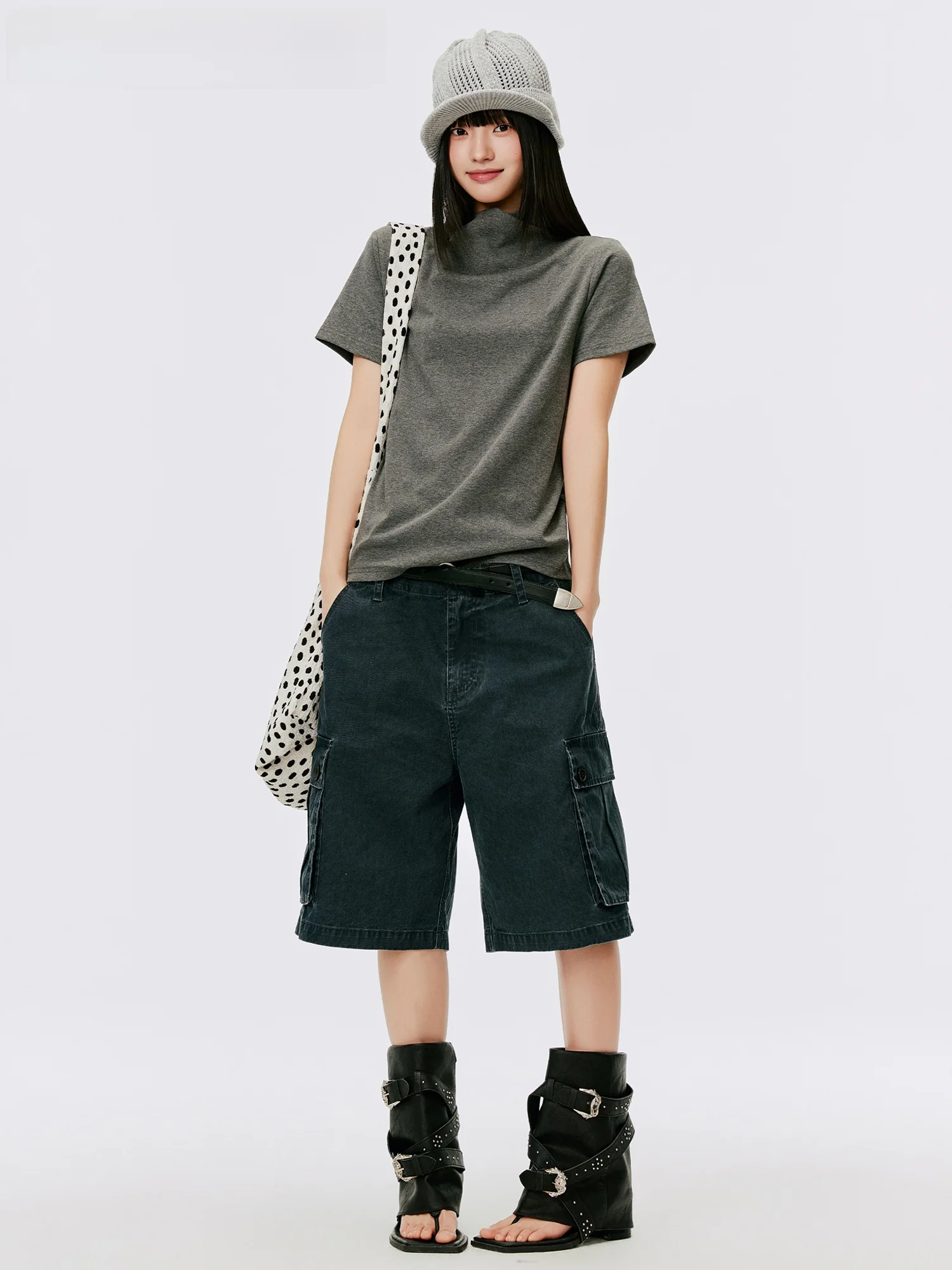 

Burgenland Grey Short Sleeve Women's T-shirt Summer Style Half High Collar Slim Fit Casual Cotton Top for Office And Date
