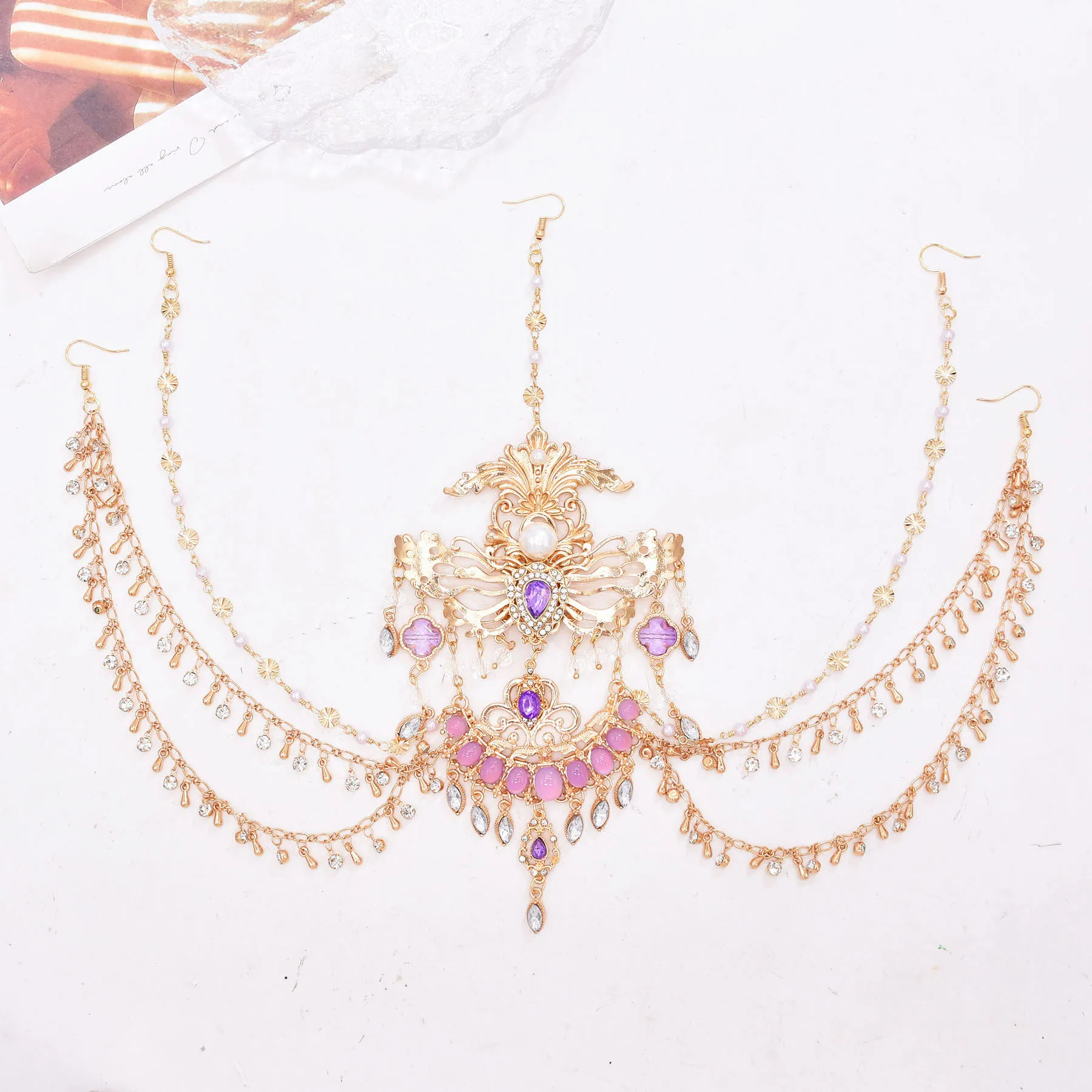 Fairy Long Tassel Veil Hair Ornaments Forehead Chain Face Curtain Retro Luxury Purple Crystal Elegant Headdress Hair Accessories