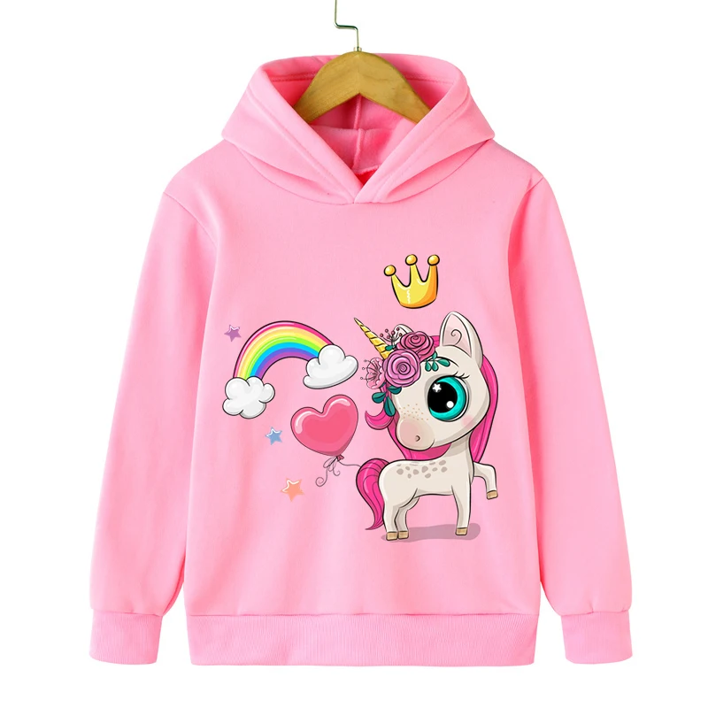 New Fashion Hoodies Cute Rainbow Crown Unicorn Print Hooded for Boys Girls Long Sleeve Pullover Cartoon Anime Unicorn Sweatshirt