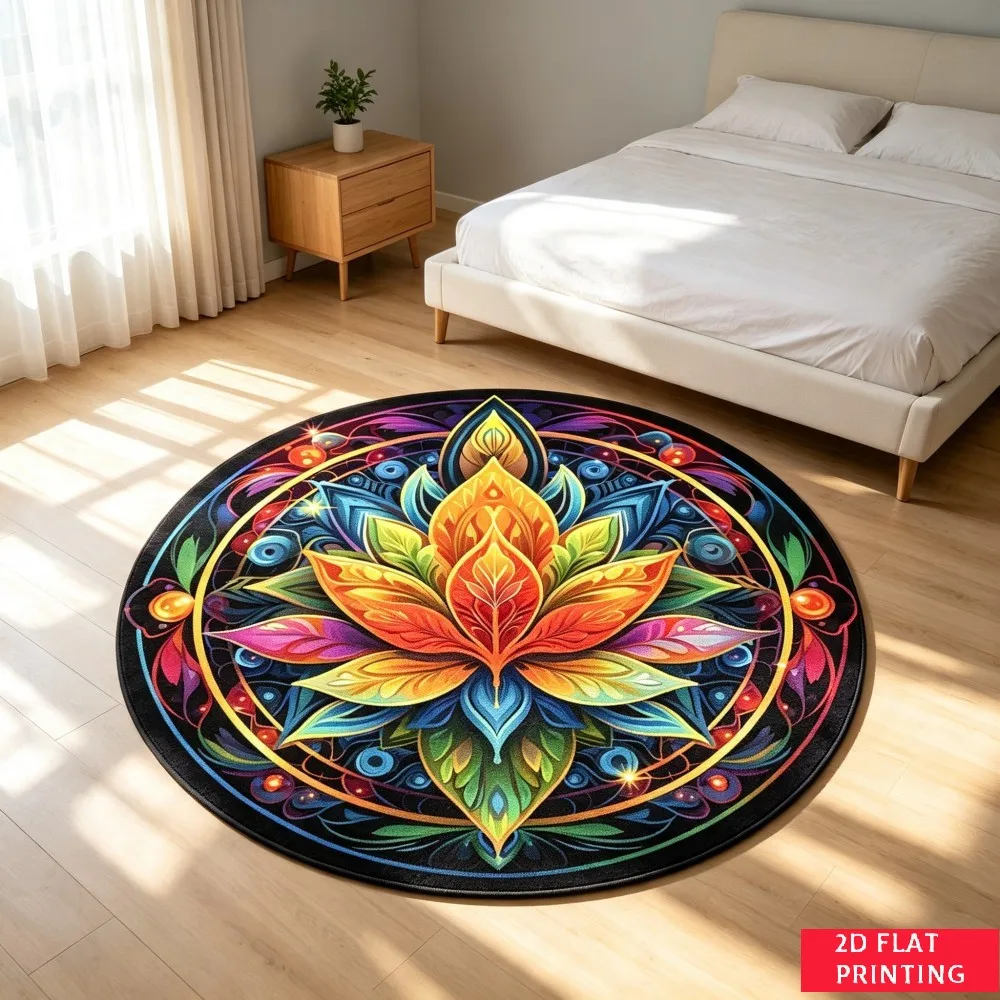 Vibrant Lotus Flower Mandala Spiritual Round Carpet With Multicolor Petals For Yoga Studio Or Bedroom Meditation Space Decor