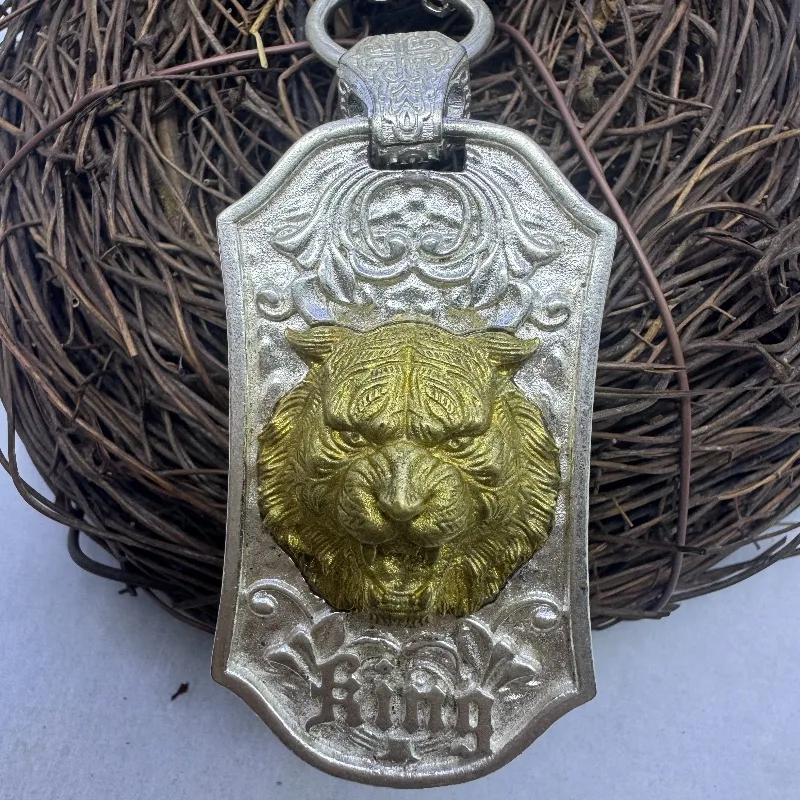 Vintage Two Tone Tiger Head King Tag Pendant Necklace, Retro Embossed Silver Color Chain Biker Men Jewelry