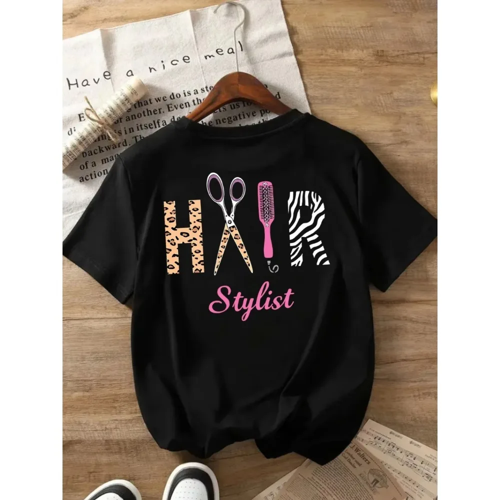 Hair Stylist Graphic T-Shirt Women Funny Hairdresser Gift Tee Leopard Zebra Print Scissors Comb Short Sleeve Summer Casual Tops