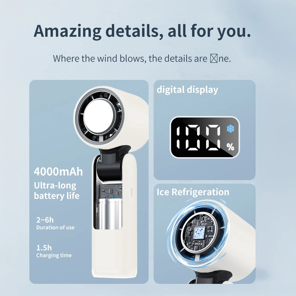 مروحة تبريد صغيرة للثلج في الهواء الطلق قابلة للطي مروحة محمولة تبريد صغيرة قابلة لإعادة الشحن 4000 مللي أمبير في الساعة تحكم مجاني مروحة توربو عالية السرعة