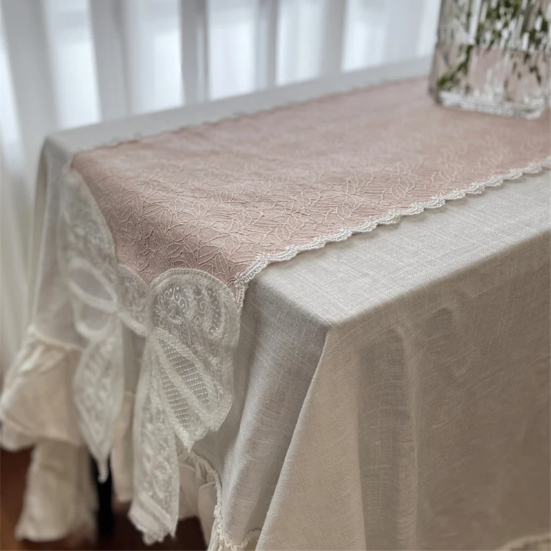 Pink Lace Tablerunner Bow Cabinet Decorative Tablecloth French Elegant White Embroidered Diningtable Coffeetable Table Runner