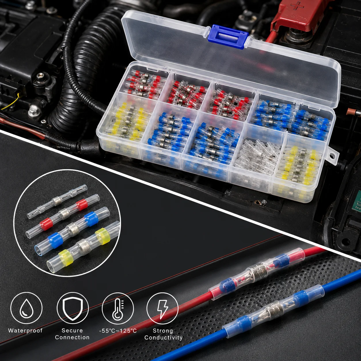 Heat Activated Wire Splice Sleeves Mixed Gauge 26-10AWG Integrated Solder Ring Insulation Sealing Kit for Vehicle Harness Repair