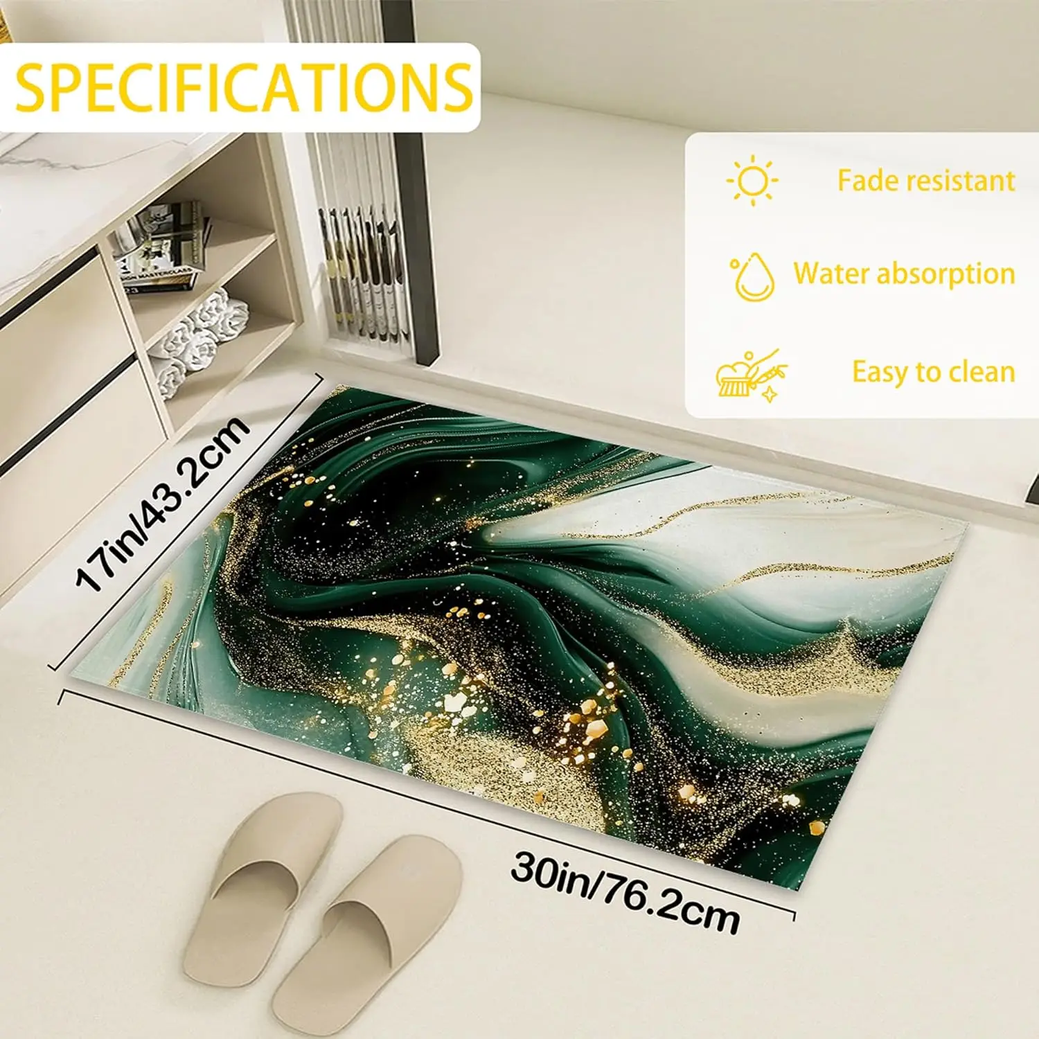 Door Mat,Green Gold Marble Welcome Mat Indoor,Modern Abstract Non-Slip Outdoor Entry Mat for Home Entryway, Low Profile Floor