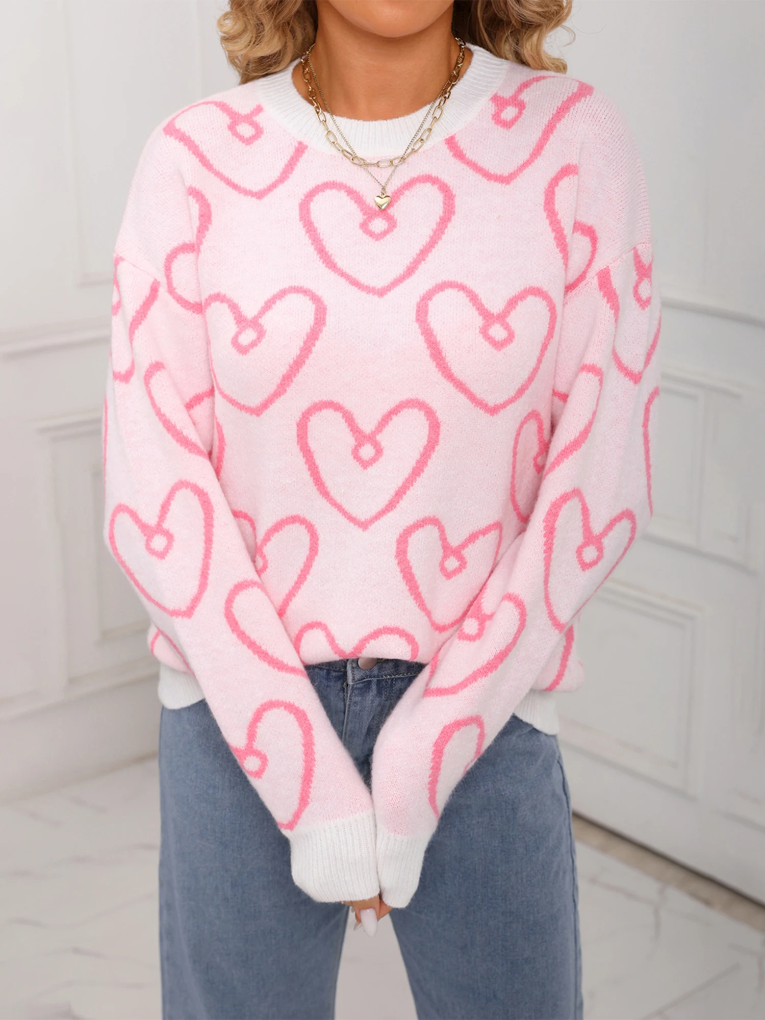 เสื้อสเวตเตอร์ไหมพรมถักแบบสบายๆ สำหรับผู้หญิง แฟชั่นฤดูใบไม้ร่วงฤดูหนาว คอทรงกลม แขนยาว สไตล์ลำลอง