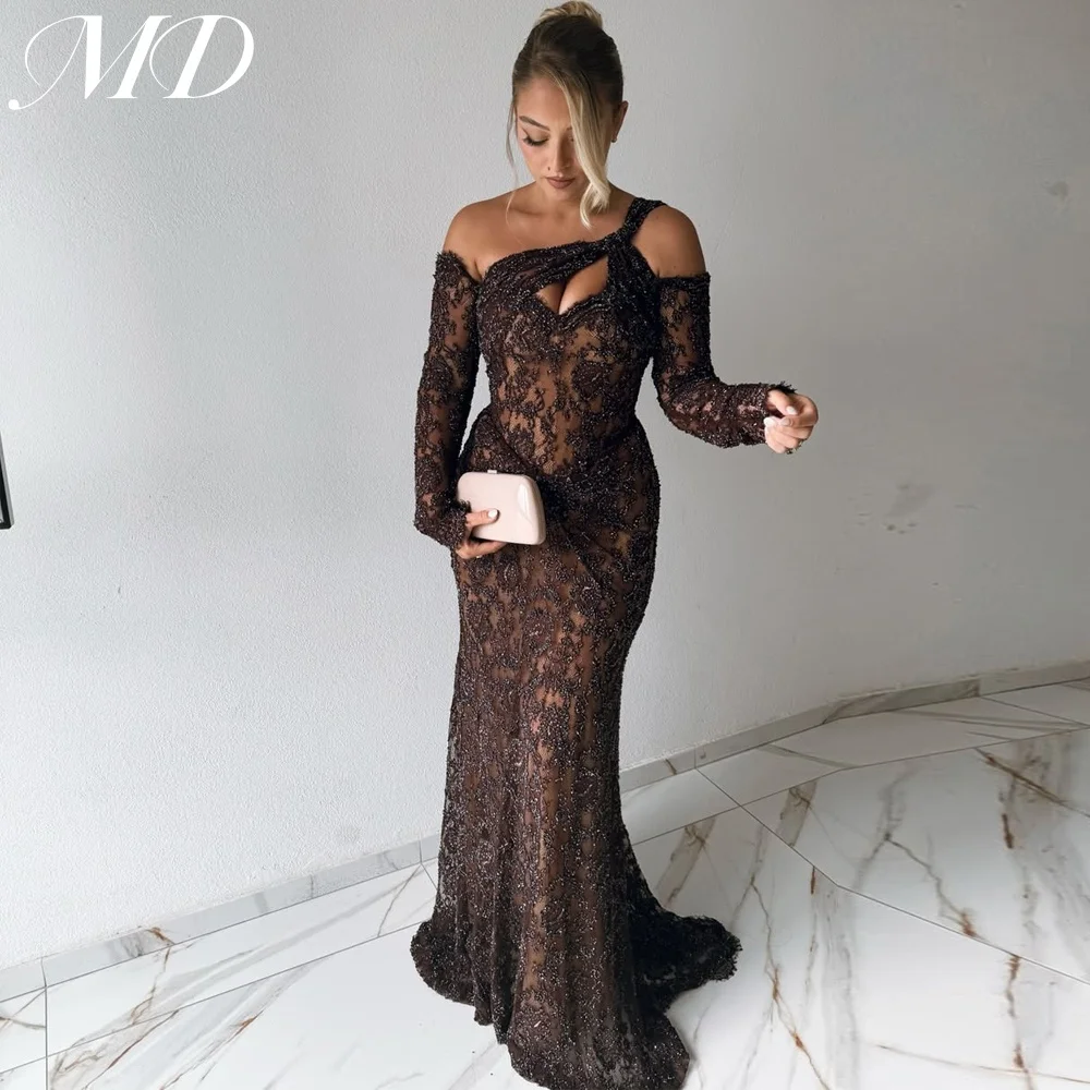 MD فساتين سهرة فاخرة جديدة من الدانتيل البني بدون أكتاف وأكمام طويلة مطرز بالخرز 2025 دبي حورية البحر فستان رسمي للحفلات الراقصة حسب الطلب #1