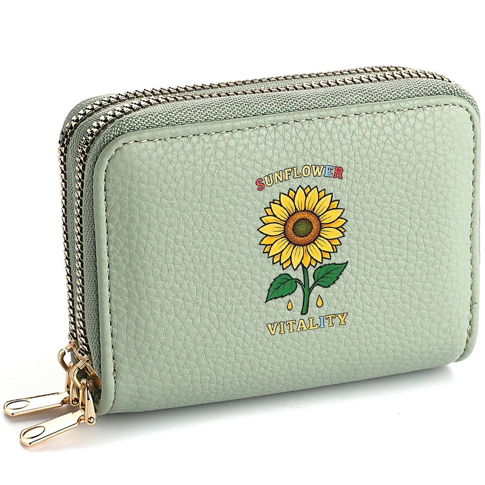 Cute Sunflower Mini Lady's Wallet PU Leather Double Zipper Coin Pouch Multi-Layer Card Storage Portable Card Bag